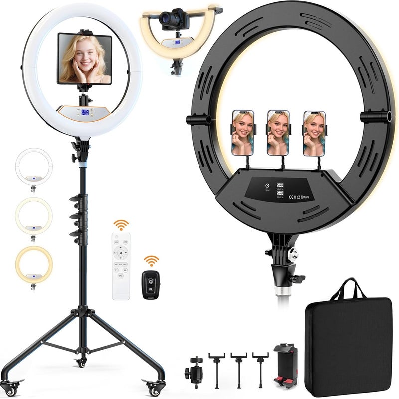 MACTREM 18" Foldable Ring Light with Stand for iPhone ipad Camera, 75" Tripod with Wheels 38W 6500K LED Display/Remote/2 USB Ports Large Big Ringlight Rolling for YouTube Facebook TikTok Live Video Recording - Image 1